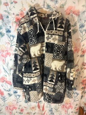 Vintage Cozy Fuzzy Hooded Jacket in Black, Gray & Cream